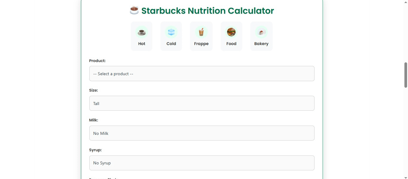 Starbucks Nutrition Calculator Tool